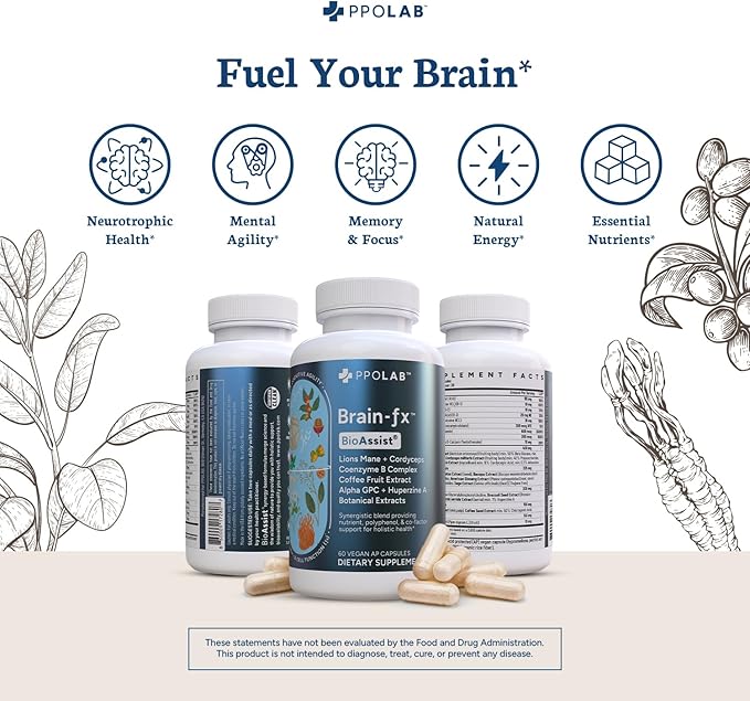Brain-fx™ Daily Energy Focus Memory Mood Mind Nootropic Supplement - 5-MTHF Methyl B Vitamins, Coffee Fruit, L Theanine, Cordyceps, Lions Mane, Ginseng, Bacopa, Alpha GPC Choline 60 Vegan Capsules