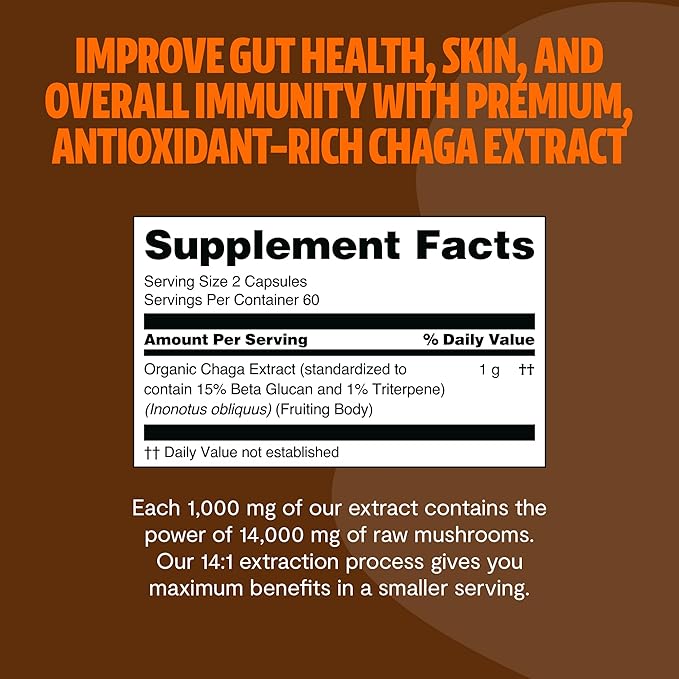 FreshCap Chaga Mushrooms Capsules 14,000mg - Chaga Mushroom Supplement, Mushroom Extract Antioxidants Supplement, Mushrooms Herbal Supplements, Ayurveda Nootropic Immunity Supplement (120 Capsules)