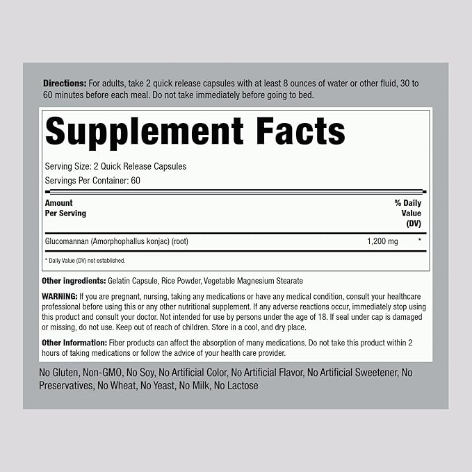 Piping Rock Glucomannan Capsules 600mg 120 Count