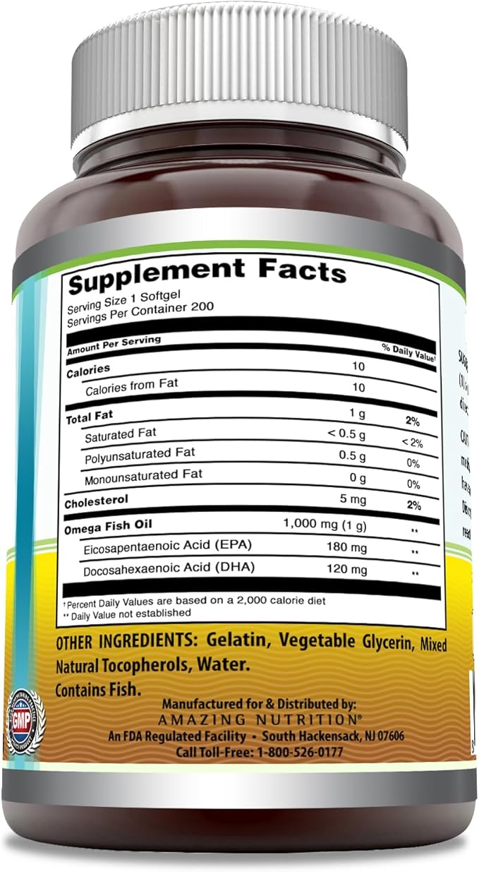 Amazing Omega Fish Oil 1000 mg Omega-3, 180 180 mg 120 mg (200 Count)