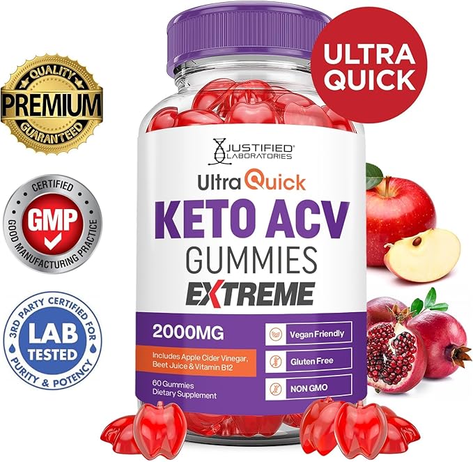 Justified Laboratories (2 Pack Ultra Quick Keto ACV Gummies Extreme 2000MG Ultraquick Keto Gummies Apple Cider Vinegar Formulated with Pomegranate Beet Juice Powder B12 Vegan Non GMO 120 Gummys