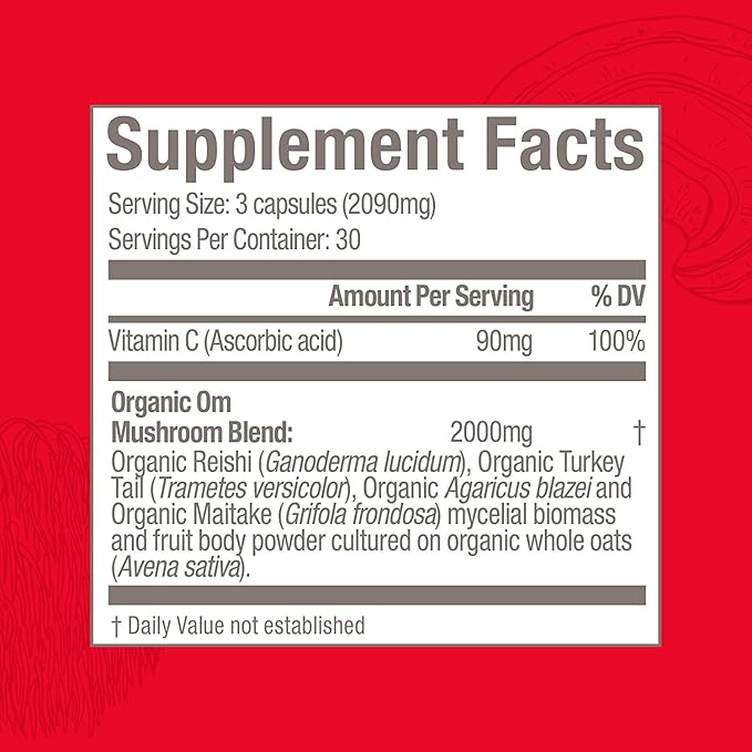 Om Mushroom Superfood Immune Defense Mushroom Capsules Superfood Supplement, 90 Count, 30 Days, Mushroom Blend, Reishi, Turkey Tail, Maitake, Agaricus Blazei, Vitamin C, Vegan