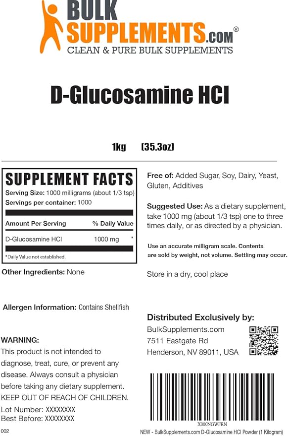 BulkSupplements.com Glucosamine HCl Powder 1000mg, Glucosamine 1000mg per 1kg (2.2 (2.2 lbs) 1)