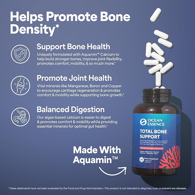 OCEAN ESSENCE Total Bone Support - Plant-Based Algae Calcium Supplement for Supporting Bone Density & Strength - for Men & Women 35+ - 120 Natural Calcium Capsules - Vitamins for Optimal Health