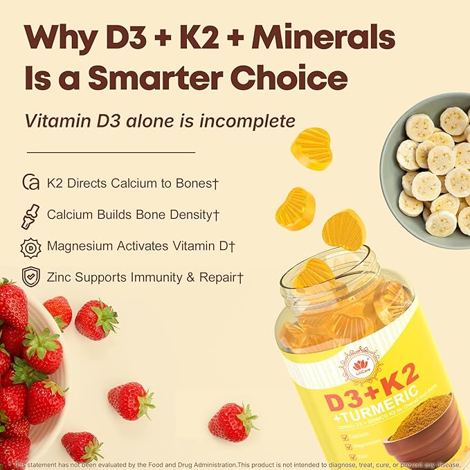Vitamin D3 K2 Gummies & Turmeric for Women & Men, Vitamin D3 5000IU / 10000IU, K2 (MK-7) 200mcg Supplements with Turmeric 1200mg, Calcium, Magnesium, Zinc, Supports Bone, Teeth, Energy & Immune, 2PACK