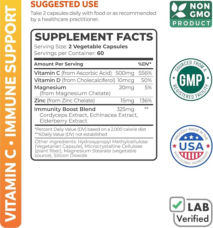 Immune Support Supplement (Non-GMO) Elderberry Vitamin 500mg Immune 120 Vegetarian