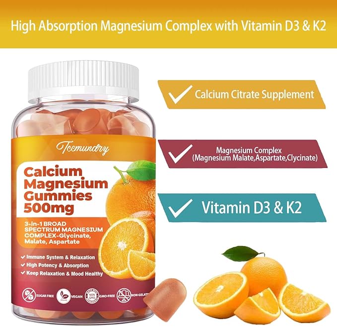Calcium Magnesium Gummies High Absorption Calcium 600 mg 500 mg D3 & K2 for (60 Count)