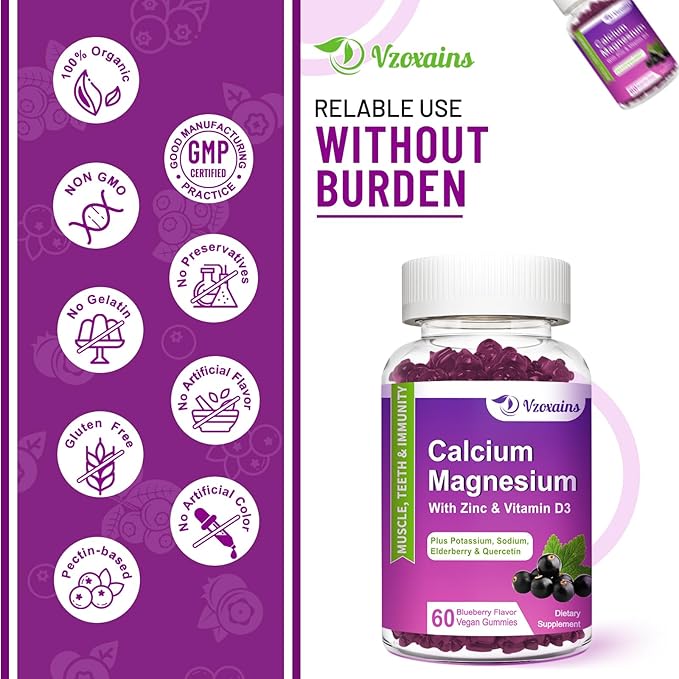 High Absorption Calcium Magnesium Zinc Gummies, D3 for 60 Cts