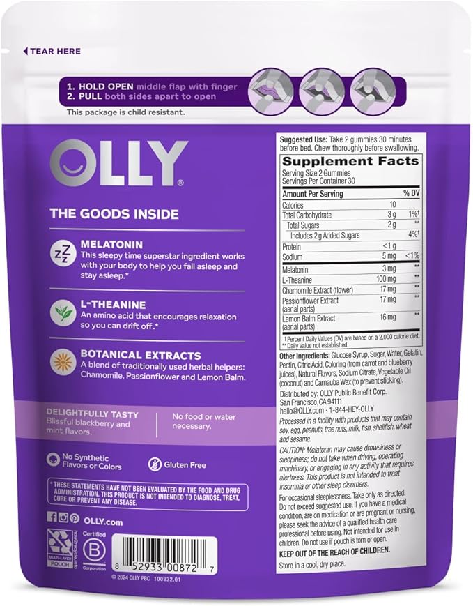 OLLY Sleep Gummy, 3 mg Melatonin, 30 Day 60 Count