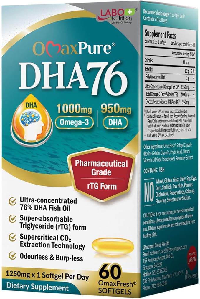 LABO Nutrition OmaxPure DHA76 Omega 3 76% 950mg 950mg DHA, 60 Count, CO2 Extracted