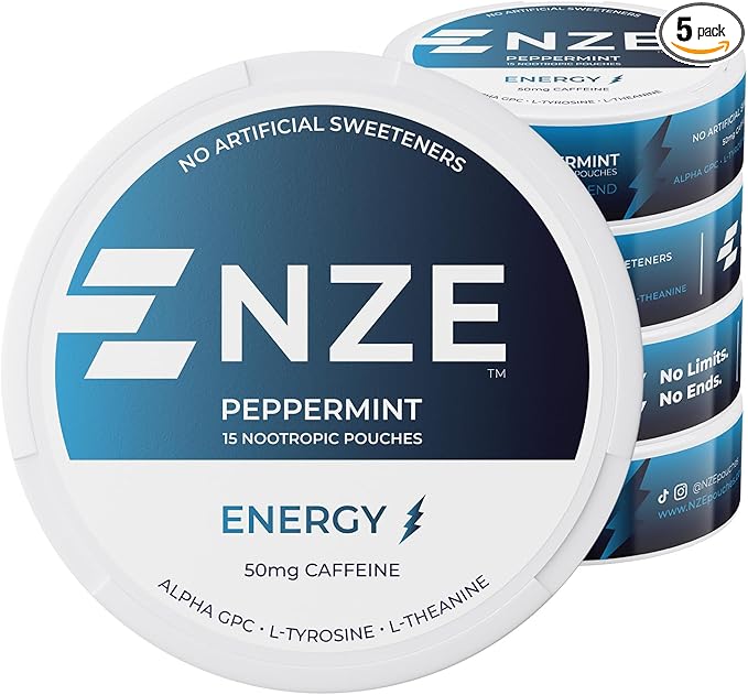 NZE Caffeine Nootropic Pouches (Peppermint) - Nootropic Energy Pouches with 50mg Caffeine, Alpha GPC, L-Tyrosine & L-Theanine with No Sugar or Artificial Sweeteners - 15 Nicotine Free Pouches Per Can