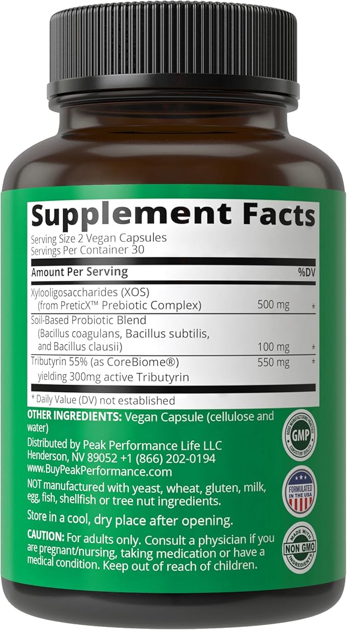 Synbiotic = Prebiotic + Probiotic + Postbiotic 3-in-1 Supplement with Clinically Tested Ingredients. Pre And Probiotics Plus Important Tributyrin Postbiotics For Gut. Vegan Capsules For Women + Men