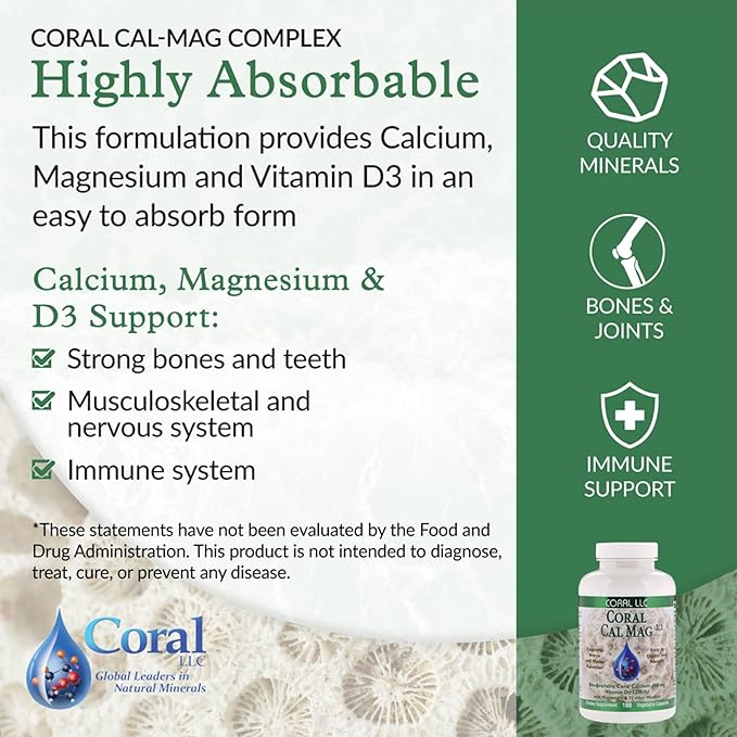 Coral Cal-Mag - Bioavailable Coral Calcium 2:1 Ratio 1200 International D3-180 Vegetarian