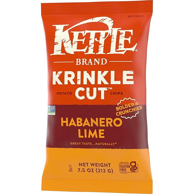 Kettle Brand Potato Chips, Krinkle Cut, Habanero Lime Kettle Chips, 7.5 Oz (Pack of 12)
