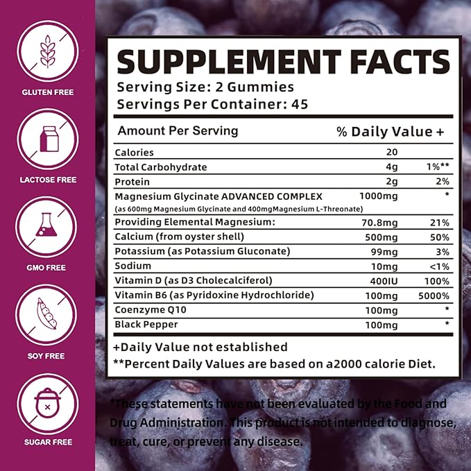 Magnesium Glycinate Gummies 1000mg with Magnesium B6, CoQ10, CoQ10, Calcium,Supports 90 Elderberry