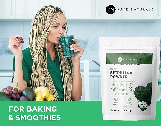 Kate Naturals Organic Spirulina Powder for Immune Support and Antioxidants. Nutrient Dense Superfood Supplement (2 lb, USDA Certified, Non-GMO, Gluten- Free)