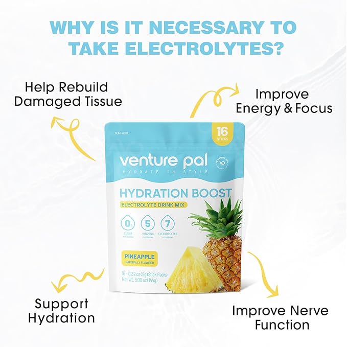 Venture Pal Sugar Free Electrolyte Powder Packets - Liquid Daily IV Drink Mix for Rapid Hydration & Party Recovery | 5 Vitamins & 7 Electrolytes| Keto Friendly | Non-GMO | Certified Vegan | 16 Sticks