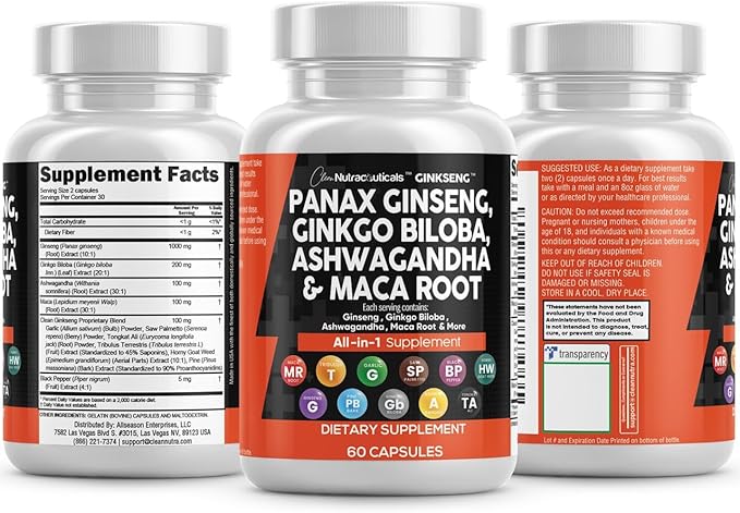 Clean Nutraceuticals Panax Ginseng Ginkgo Biloba Ashwagandha Maca Root - Focus Supplement Pills for Women and Men with Pine Bark Extract, Garlic, and Saw Palmetto - 60 Caps