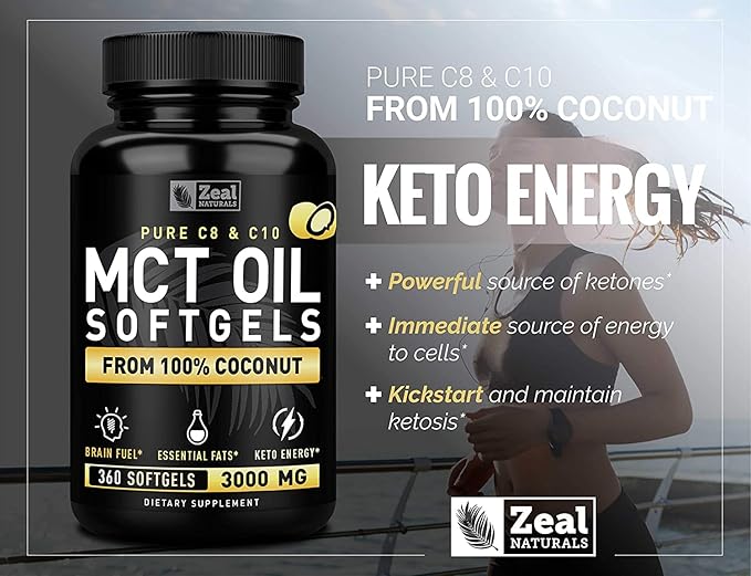 Pure MCT Oil Capsules (360 Softgels | 3000mg) 4 Month Supply Keto Pills w Unrefined Coconut - C10 & C8 Brain Fuel, Energy, Octane Ketosis