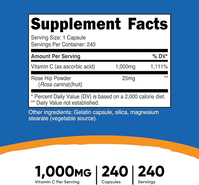 Nutricost Vitamin C with Rose Hips 1025mg, 240 240 Capsules 1,000mg, Rose 25mg, Premium,