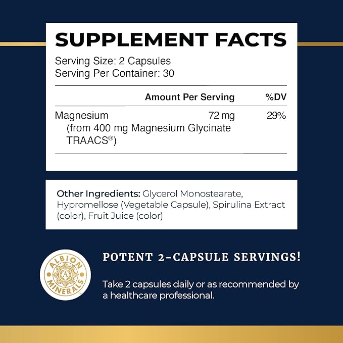 Magnesium Glycinate Supplement | Advanced Microbeadlets | Chelated for Maximum Absorption | 400mg Magnesium Bisglycinate Powder Per Serving | TRAACS Chelate System | for Women & Men | 60 Capsules