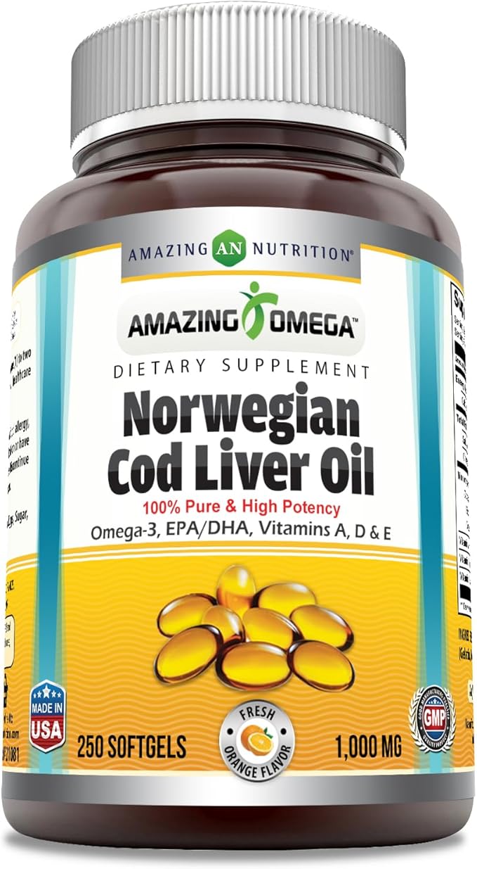 Amazing Omega Norwegian Cod Liver Oil 1000 Mg Omega-3, EPA, 250 Count)