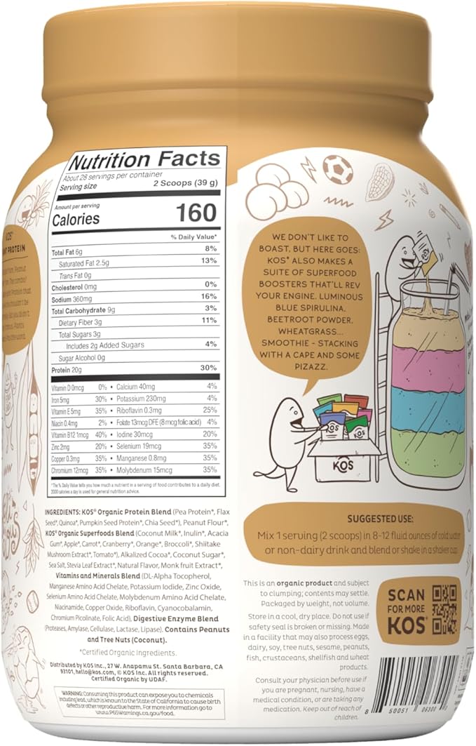 KOS Organic Plant Based Protein Powder, 2.4 lbs, 28 Servings