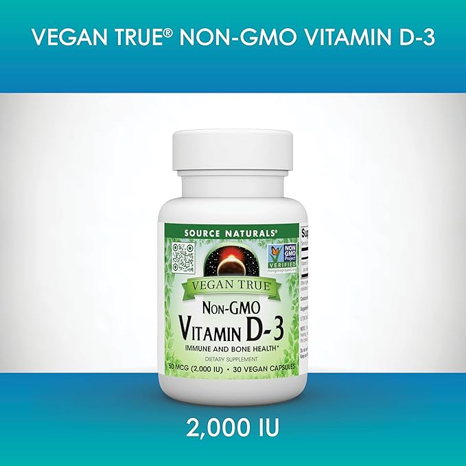 Source Naturals Vegan True, Non-GMO Vitamin D-3, Dietary Supplement for Immune and Bone Health*, 2,000 IU - 30 Capsules