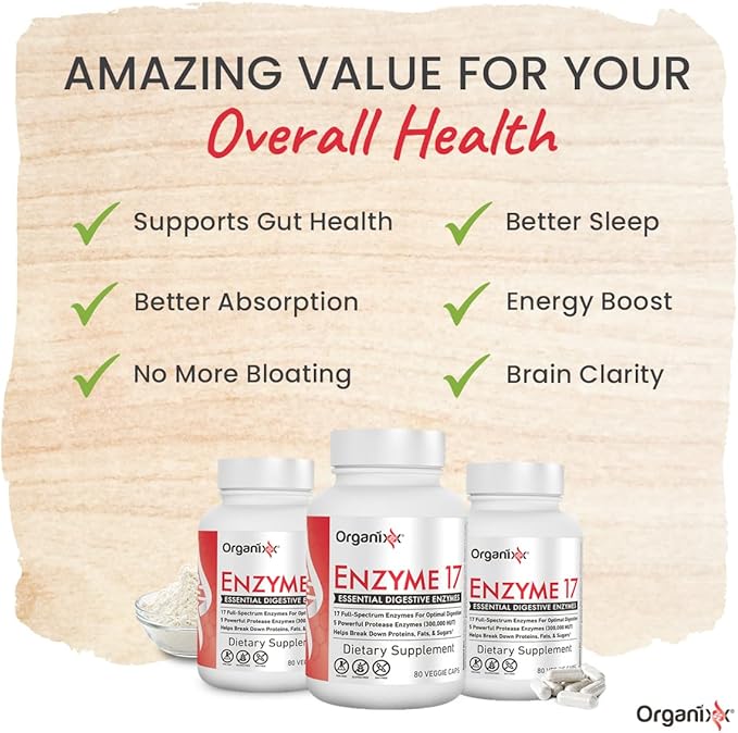 Organixx Enzyme 17 Essential Digestive Enzymes, 80 Veggie