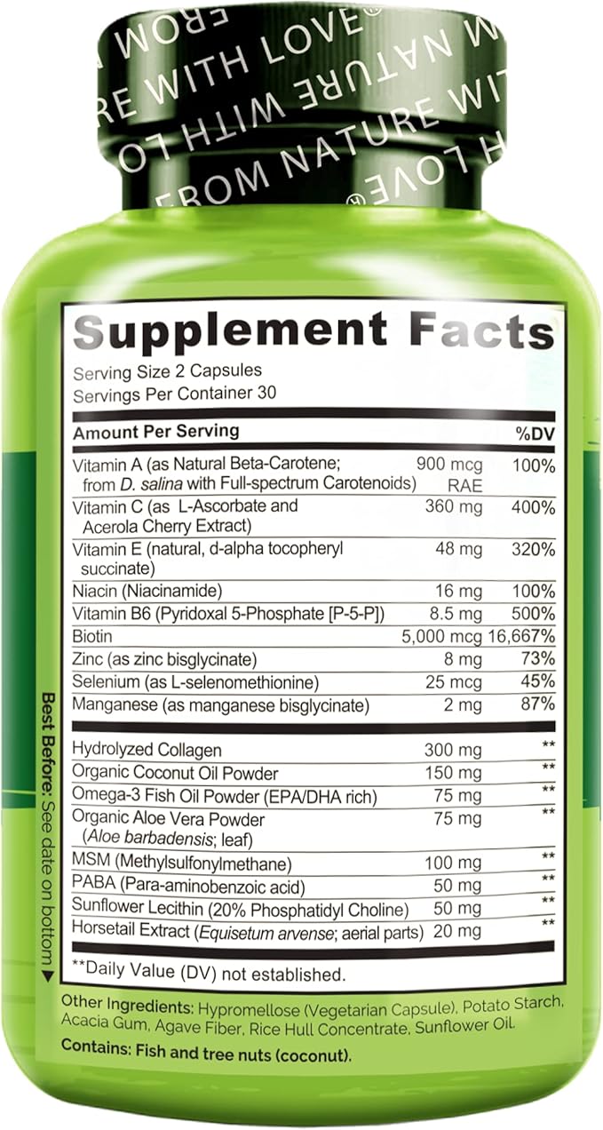 NATURELO Hair, Skin and Nails Vitamins 5000 mcg 60 Capsules
