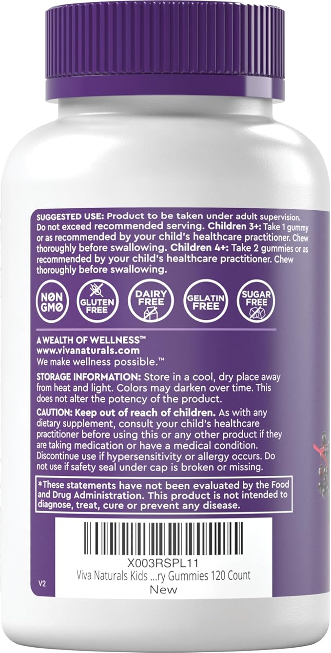 Viva Naturals Sugar-Free Sambucus Elderberry Gummies for Kids, 8-in-1 Children Immune Support with Vitamin C & Zinc – Chewable, Vegan & Gluten-Free (120 Count) for Daily Wellness