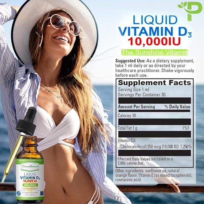 Power By Naturals Vitamin D3 Liquid Drops 10000 IU - High-Potency Vitamin D3 for Adult Bone Strength & Immune Support - Gluten-Free, Non-GMO, Sugar-Free Vitamin - Orange Flavor, 1 fl Oz (30 Servings)