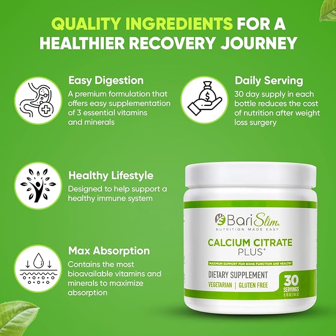 BariSlim Bariatric Calcium Citrate Plus Powder - Formulated for Patients After Weight Loss Surgery - Maximum Support for Bone Function and Health - Easy Digestion and Absorption | 600 mg (30 Servings)