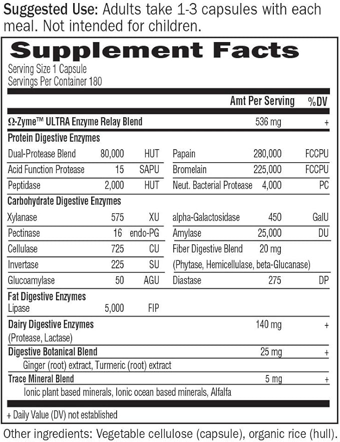 Garden of Life Vegetarian Digestive Supplement - Omega Zyme Ultra Enzyme Blend for Digestion, Bloating, Gas, and IBS, 180 Capsules