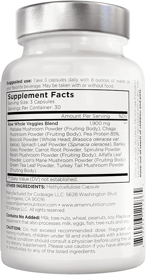 Amen Veggies, Daily Veggies Vitamins Supplement, Vegetables Vegan Blend & Whole-Food Raw Greens Multivitamin Capsules, Mushroom Complex, Superfood, Minerals, Green Vegetable Nutrients, Non-GMO, 90 ct