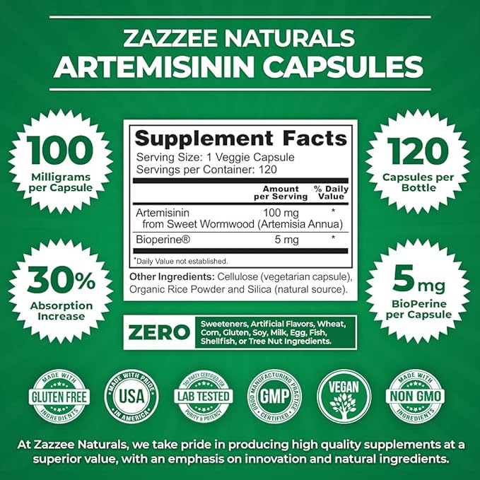 Zazzee High Absorption Artemisinin, 100 mg 120 Vegan 5 mg 4 Month
