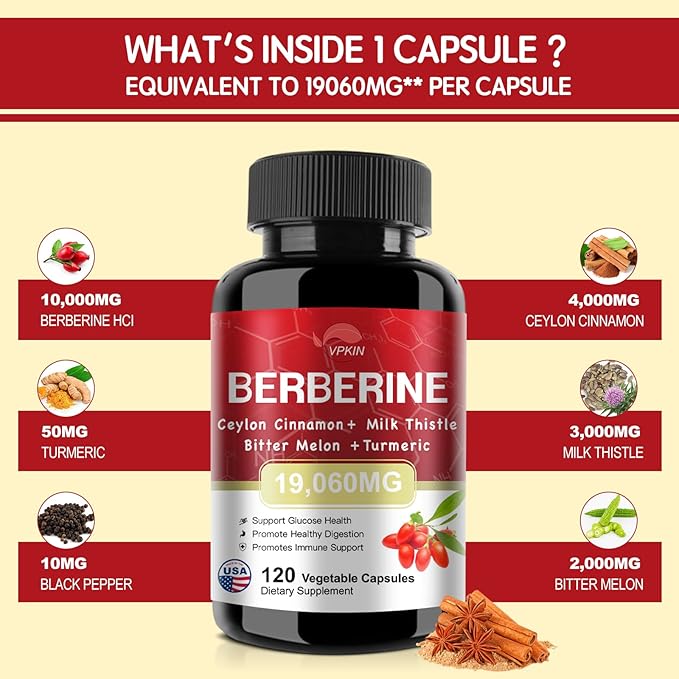 Berberine Supplement 19,060mg,Berberine with Ceylon Cinnamon,Bitter Supplement(120 Capsules)