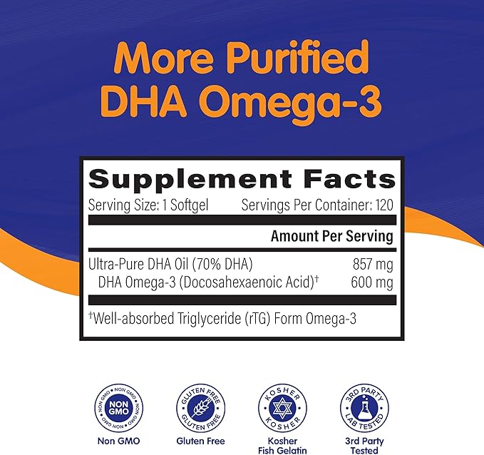 OmegaVia DHA 600 mg Omega-3 DHA 3 Supplement, 5-Star Certified 120 Softgels