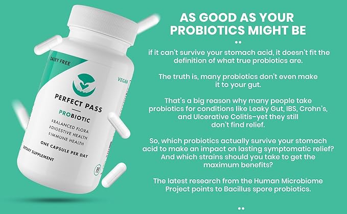 Probiotic, Natural Bacillus Spore Human Strains with 100% Survival Rate Through Stomach Acid and Bile for Gut and Digestive Wellness, Vegetarian, 30 Capsules
