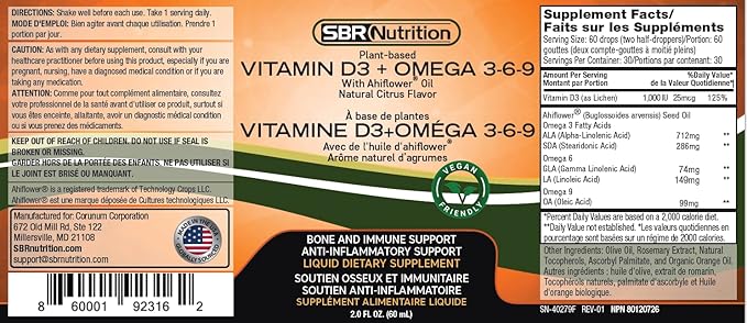 SBR Nutrition Plant-Based Vitamin D3 and 3-6-9 Liquid 2oz (60mL), (60mL), 30 30 Servings