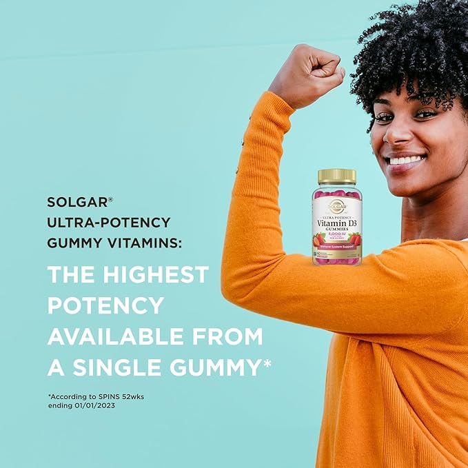 Solgar Vitamin D3 Gummies for Adults 5,000IU Ultra Potency Vitamin Immune System Support for Women & Men - Tasty Strawberry Flavor, Gluten & Gelatin Free Gummy, 2 Month Supply, 60 Servings, 2g Sugar