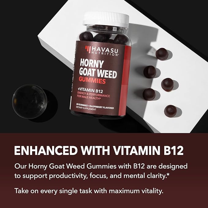 Horny Goat Weed Gummies with Vitamin B12 - Energy, Endurance & Performance Support for Men and Women - Enhanced with B12 Vitamins for Mood & Male Health Support - 60 Raspberry Vegan Gummies