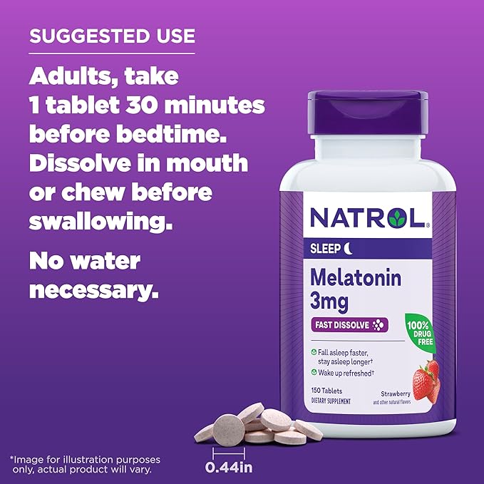 Natrol Melatonin 3mg, Strawberry-Flavored Dietary Supplement 150 Fast-Dissolve 150 Day 12)