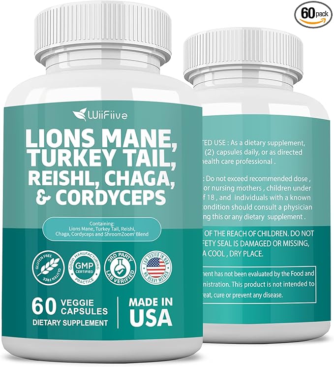 Lions Mane 3000mg Turkey Tail 3000mg 1000mg Chaga 1000mg Cordyceps 60 Capsules