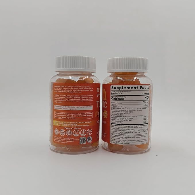Turmeric Curcumin Gummies for Adults, with Medium Chain Triglycerides (MCT) Oil, Black Pepper Extract, Ultra Absorption, Sugar Free, 120 Gummies, 60 Servings