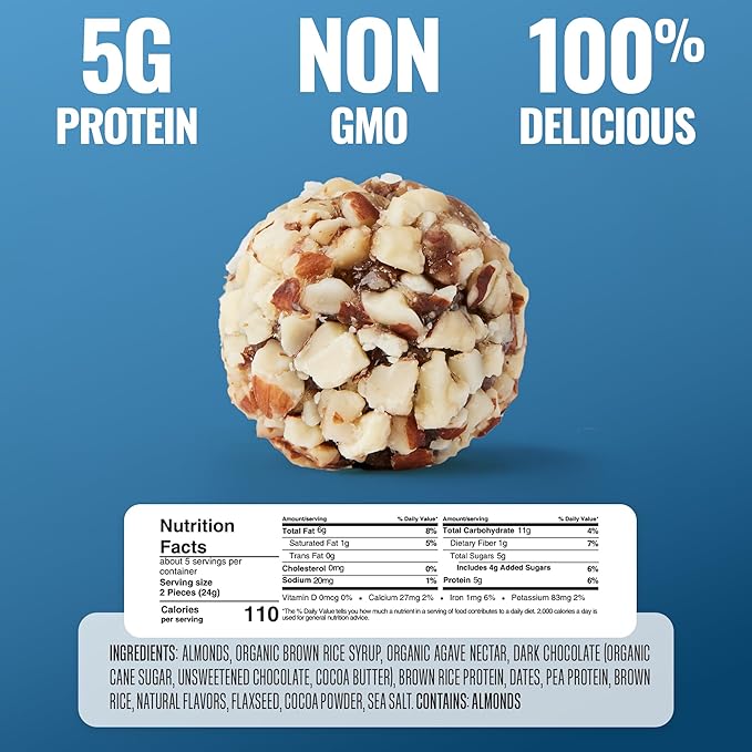 The GFB Dark Chocolate Almond Protein Bites - Gluten Free, Plant Based, Non GMO, Sustainably Made – Ridiculously Tasty, Healthy, Vegan, Protein Energy Balls, 4 oz (6 Count)