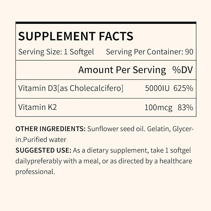Vitamin D3 K2, 5000 IU D3 and 100 mcg K2 (MK-7), with Sunflower Oil Softgels, 90 Softgels, 2-in-1 Formula, Easy to Absorb and Swallow (1 Bottle)