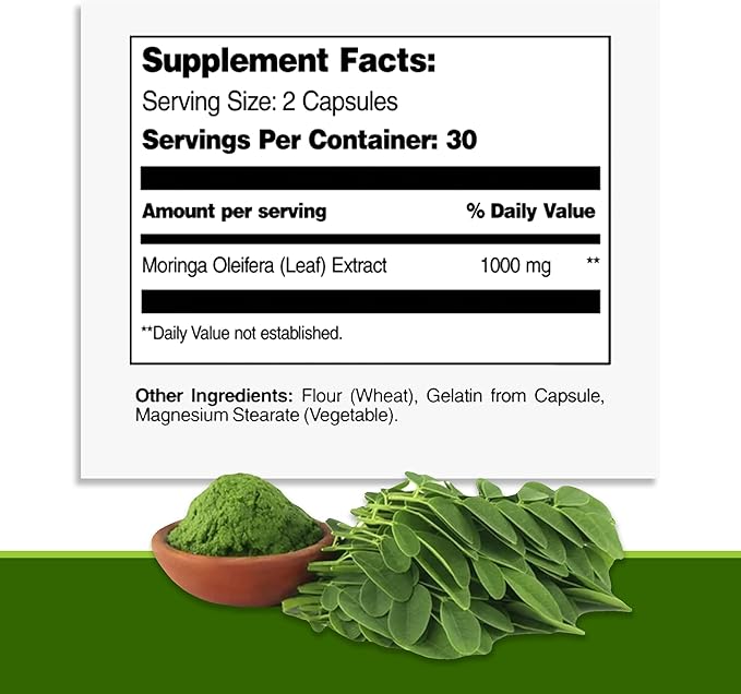 Pure Moringa Oleifera Leaf Extract Veggie Capsules 1000 mg. Natural Herbal Supplement. Energy, Mood, Memory and Focus Support. Premium Green Superfood (3 Bottles)