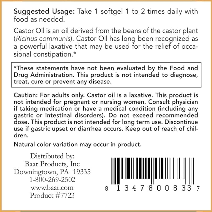 Baar Castor Oil Softgels Natural Laxative