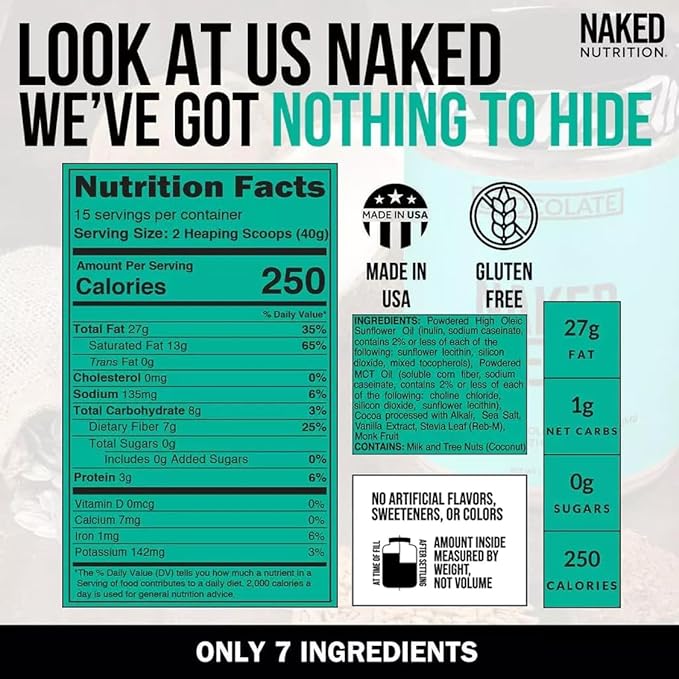 Naked Chocolate Keto - Premium Chocolate Keto Fat Bomb Powder - Nothing Artificial - Gluten-Free Keto Bomb Chocolate Mct Oil Powder with No Gmos - 1.3 Lb